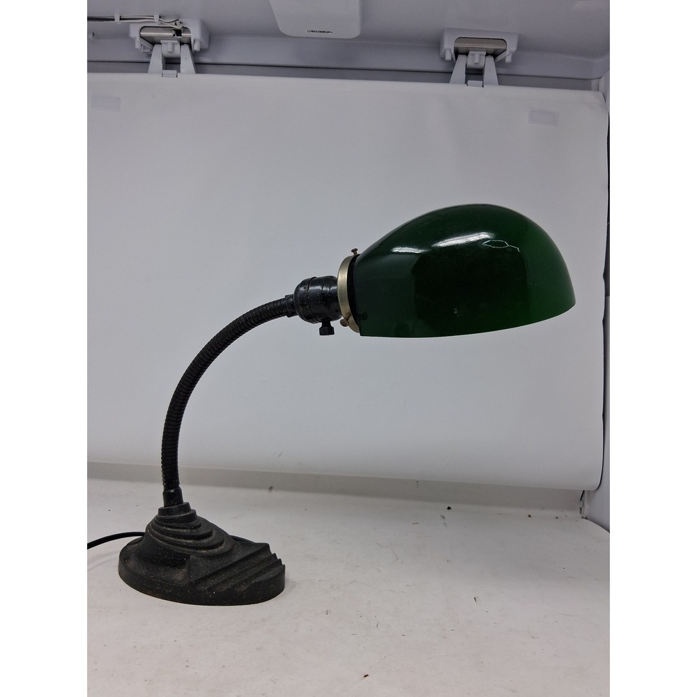 Vintage Eagle Art Deco Gooseneck Desk Lamp Green Glass Shade CastIron Base works